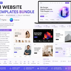 Peut inclure: Un ensemble de modèles de sites web UI pour Figma et Canva comprenant un ordinateur portable affichant une interface web, plusieurs aperçus de mises en page et une liste de fonctionnalités incluant 150 pages d'accueil et 300 pages internes.