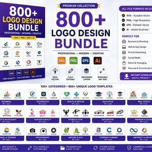 Könnte beinhalten: Ein digitales Produktpaket mit dem Titel 800+ Logo Design Bundle, das professionelle, moderne und kreative Vorlagen enthält. Es umfasst SVG-, PNG-, EPS- und AI-Dateiformate, organisierte Ebenen und über 100 Kategorien wie Business und Technologie.