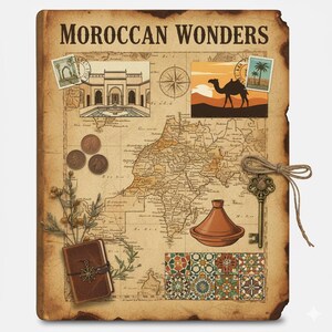 Könnte beinhalten: Eine Vintage-Karte von Marokko mit dem Text "MOROCCAN WONDERS". Die Karte zeigt Illustrationen eines Kamels, eines Gebäudes, Briefmarken, Münzen, eines Schlüssels, eines Tajine-Topfes und eines ledergebundenen Journals. Der Hintergrund ist gealtertes Papier.