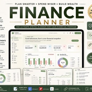 Może przedstawiać: Cyfrowy interfejs planera finansowego wyświetlany na ekranie, zawierający pulpit nawigacyjny z wartością netto, dochodami, wydatkami i stopą oszczędności. Obejmuje wykresy przepływów pieniężnych i struktury wydatków oraz zakładki budżetu i celów.