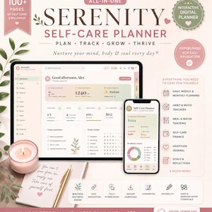 Könnte beinhalten: Ein digitaler All-in-One Serenity Self-Care Planer auf einem Tablet und Smartphone. Die Benutzeroberfläche bietet tägliche, wöchentliche und monatliche Planungsoptionen, Gewohnheits- und Stimmungstracker, Essens- und Wassertracking sowie Finanzübersichten.