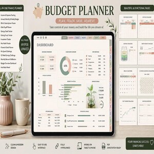 Puede incluir: Un planificador de presupuesto digital en la pantalla de una tableta, que muestra un panel con un gráfico circular, gráficos de barras y tablas de seguimiento financiero. La interfaz incluye pestañas para finanzas, ahorro y metas.