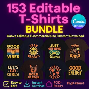 153 Editable T-Shirts BUNDLE | Canva Editable T-Shirt Designs | Printable Shirt Designs | Shirt Graphics for POD | Commercial Use