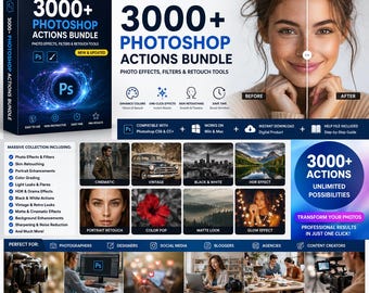 3000+ Photoshop Actions Bundle | Photo Effects, Filters, Retouch Tools | Digital Download for Creatives & Designers