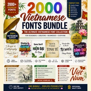 May include: A digital promotional graphic for a 2000+ Vietnamese fonts bundle. The design features a yellow conical hat, a pagoda, and a lotus flower. It displays categories like Script, Sans Serif, and Serif, with text including 2000+ Premium Fonts.