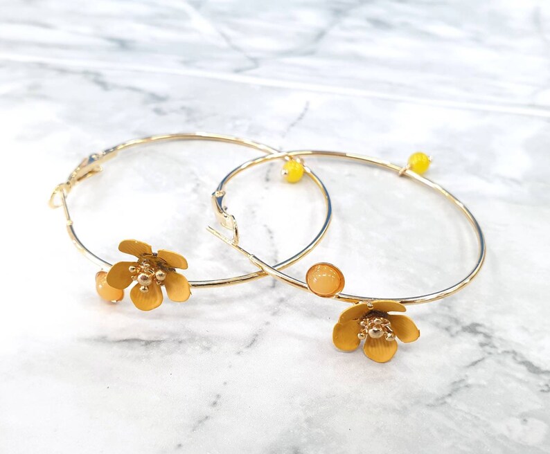Carolina Jesamine Flower Hoop Earrings in Gold and Yellow
