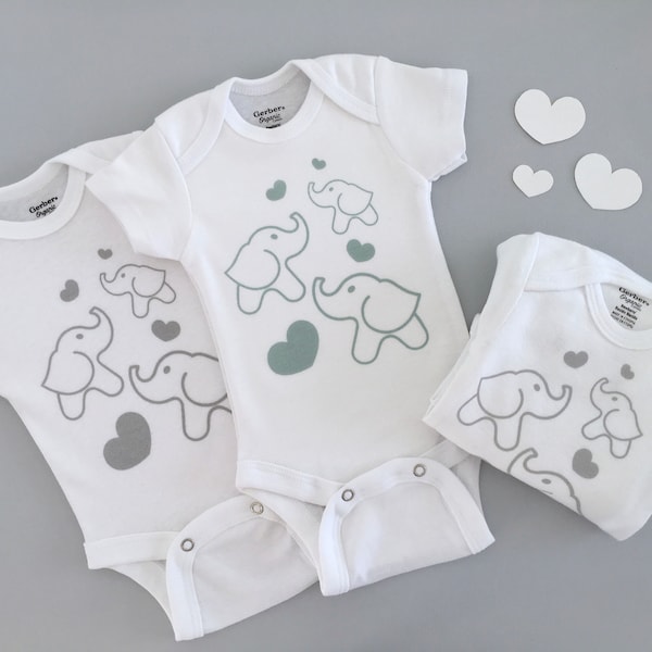 Organic Cotton Onesie® Elephants, Going Home Newborn Outfit, Expecting Mom Gift, BabyShower Gift, Neutral Colors, Screen Printed Elephants