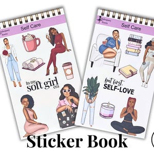 May include: Two sticker books with a pink and purple theme. The left book has stickers of women with the text "In my soft girl era". The right book has stickers of women with the text "But first, self-love".