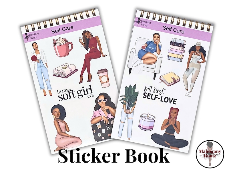 May include: Two sticker books with a pink and purple theme. The left book has stickers of women with the text "In my soft girl era". The right book has stickers of women with the text "But first, self-love".