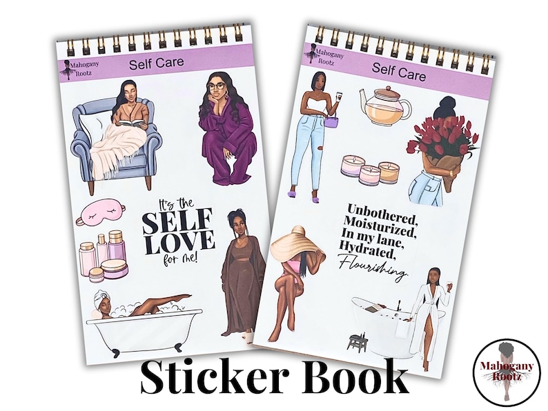 May include: A sticker book with a purple and white cover featuring the text "Self Care" and illustrations of women. The book includes stickers with phrases like "It's the Self Love for me!" and "Unbothered, Moisturized, In my lane, Hydrated, Flourishing".