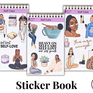 May include: Three sticker books with a purple and white cover. Each book has a different design featuring illustrations of Black women and text that says "Self Care". The text on the books includes phrases like "Stay Positive", "Heavy on Self Care", and "You are enough".