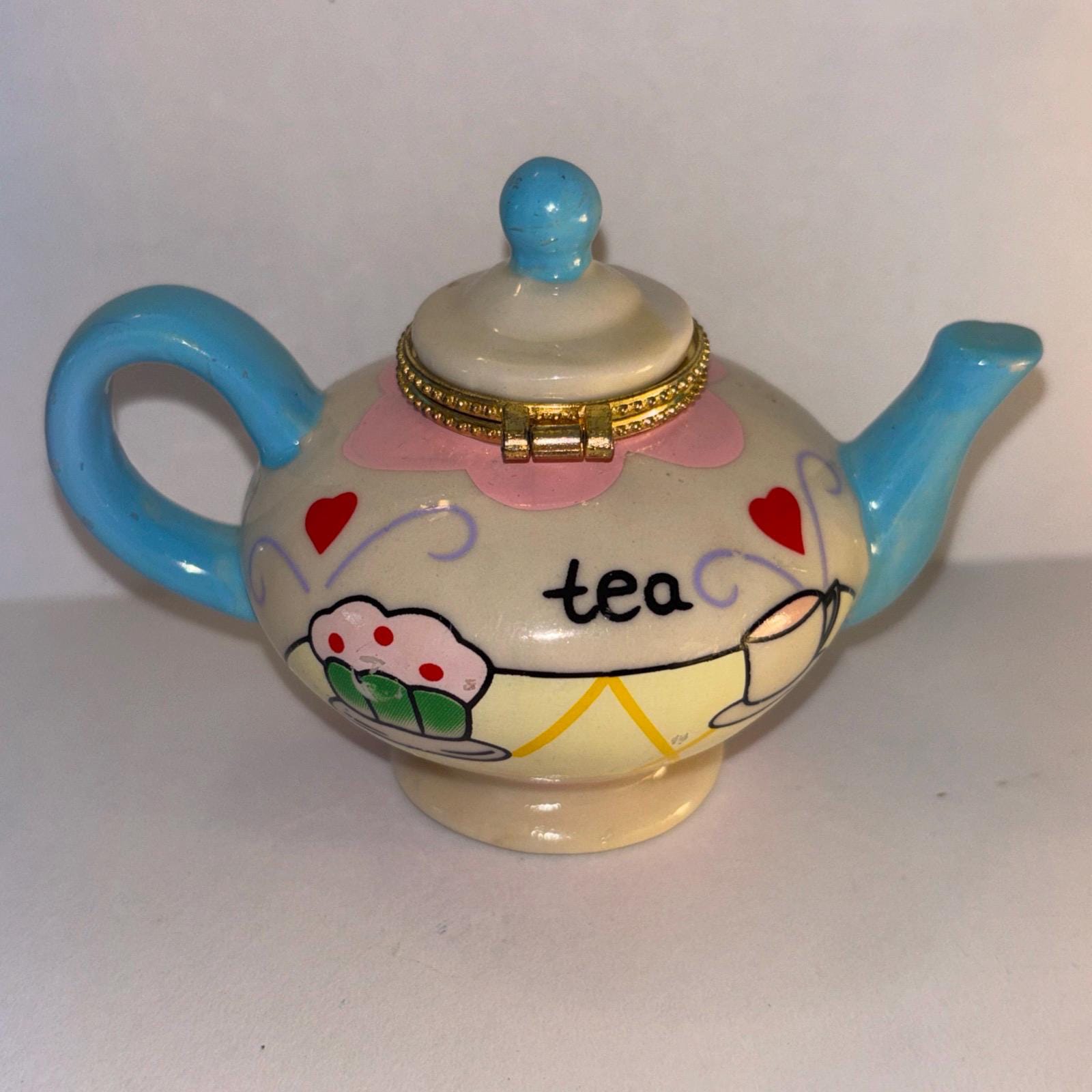 Vintage Mini Small Porcelain Tea Pot With Blue Spout and Handle