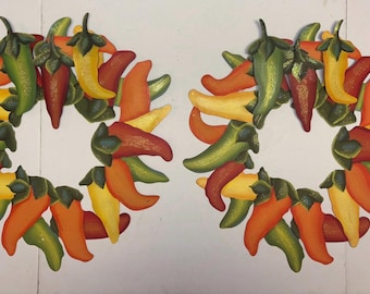 Vintage Metall Chili Peppers Kranz-Set - handgemaltes südwestliches Küchendekor