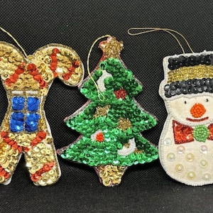 3 Vintage Sequin Beaded Christmas Ornaments Tree Candy Cane Snowman 4.5”