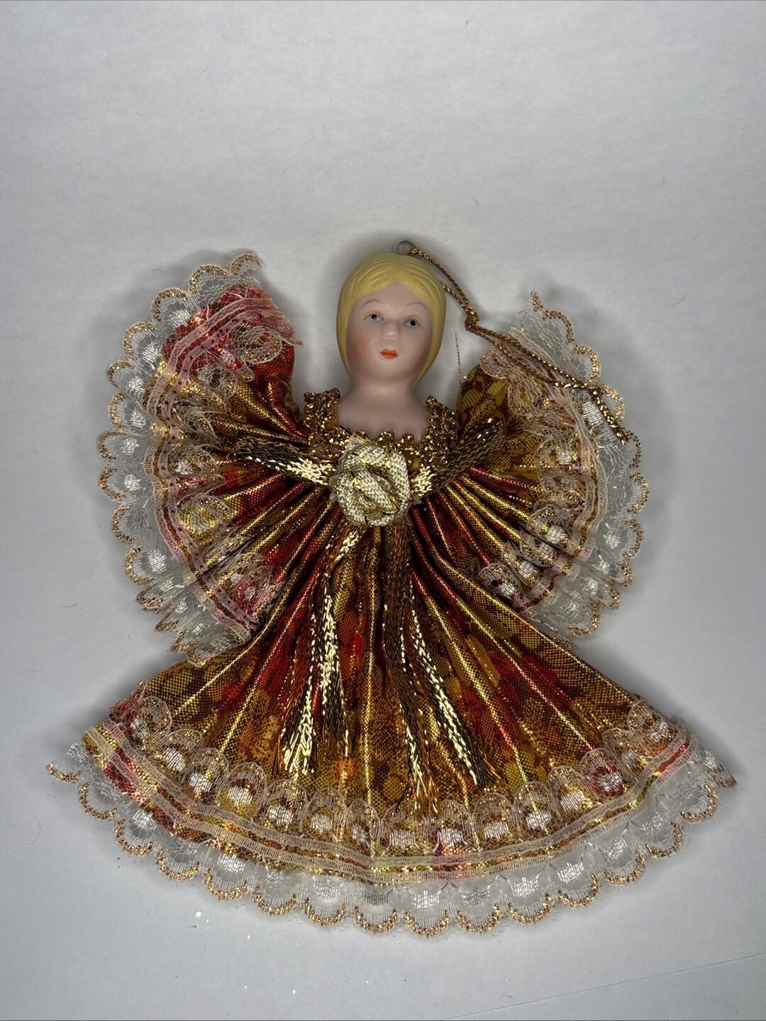 Vintage Christmas Angel Ornament With Porcelain Doll Head Gold Lace ...