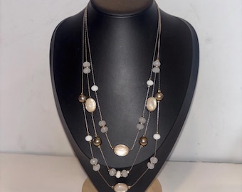 Vintage New York 3-Strand Layered Necklace 21" Faux Moonstone Frosted Beads