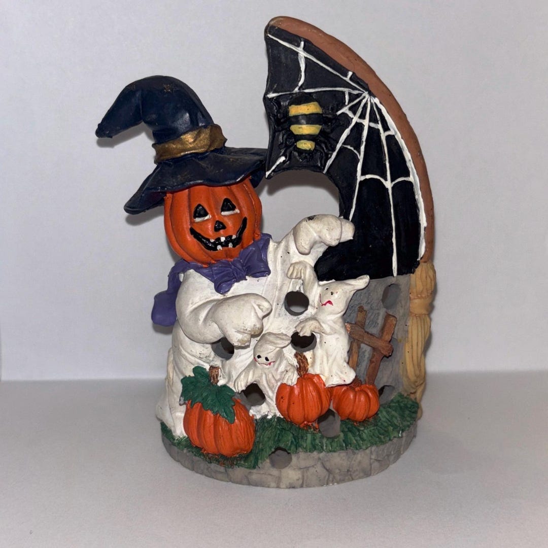 Vintage Halloween Decor Resin Candle Holder Jack O Lantern Ghost Spider ...