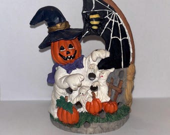 Vintage Halloween Decor Resin Candle Holder Jack O Lantern Ghost Spider 5”