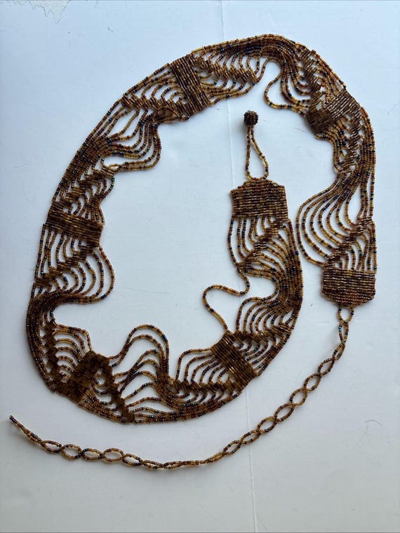 Vintage 70s Boho Beaded Waterfall Belt Amber Bronze  display picture 2