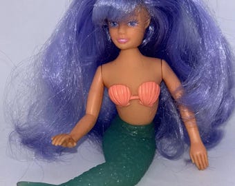 Vintage 1990 ~ Rubber Mermaid Doll ~ Purple Hair ~ Big Blue Eyes ~ Kawaii T&T