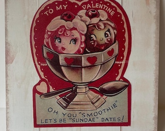 Valentine’s Day Anthropomorphic Kitschy Vintage Inspired Wooden Plaque Wall Decor  7.5”