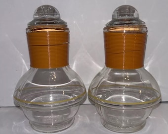 Set of 2 Orange Vintage McKee Hottle Glasbake Bottles With Lids Clear Glass