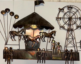 Vintage Large Copper Wall Art Sculpture Carnival Circus Carousel Ferris Wheel 3D