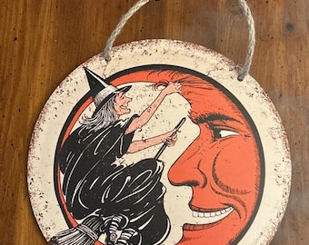 Halloween Anthropomorphic VINTAGE INSPIRED Moon & Witch Wooden Sign Wall Decor 8”