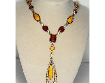 Vintage Liz Claiborne Boho Y-Necklace Amber Citrine Pendant Gold Tone
