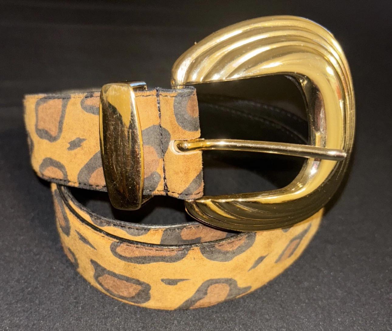 Omega Belt Medium Brown Suede Leopard Print Covered Buckle Waist Statement Boho Vintage Omega Leopard Print Pig Suede Belt | 80s Gold Buckle  main image 2