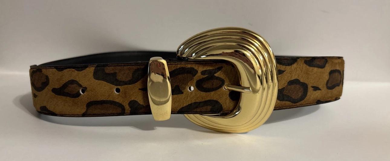 Vintage Omega Leopard Print Pig Suede Belt | 80s Gold Buckle 
