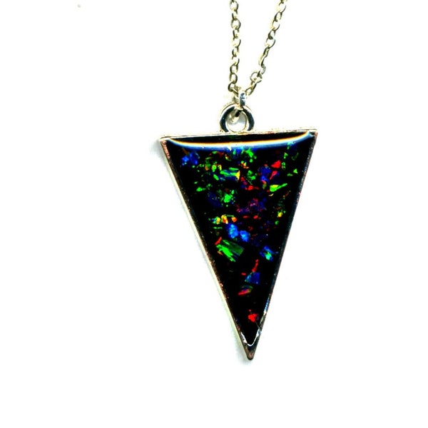 black Opal Pendant, handmade, silver framed mosaic necklace