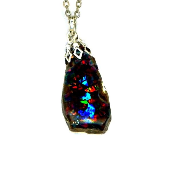 black Boulder Opal Pendant, handmade mosaic necklace, opal jewelry