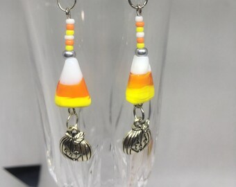 Candy Corn and pumpkin earrings, halloween earrings, fall earrings, gift for her, glass beads, charm earrings