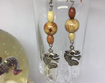 Wood bead dragon dangle earrings