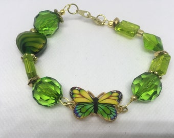Bracciale a farfalla verde, bracciale di perline di vetro, bracciale estivo