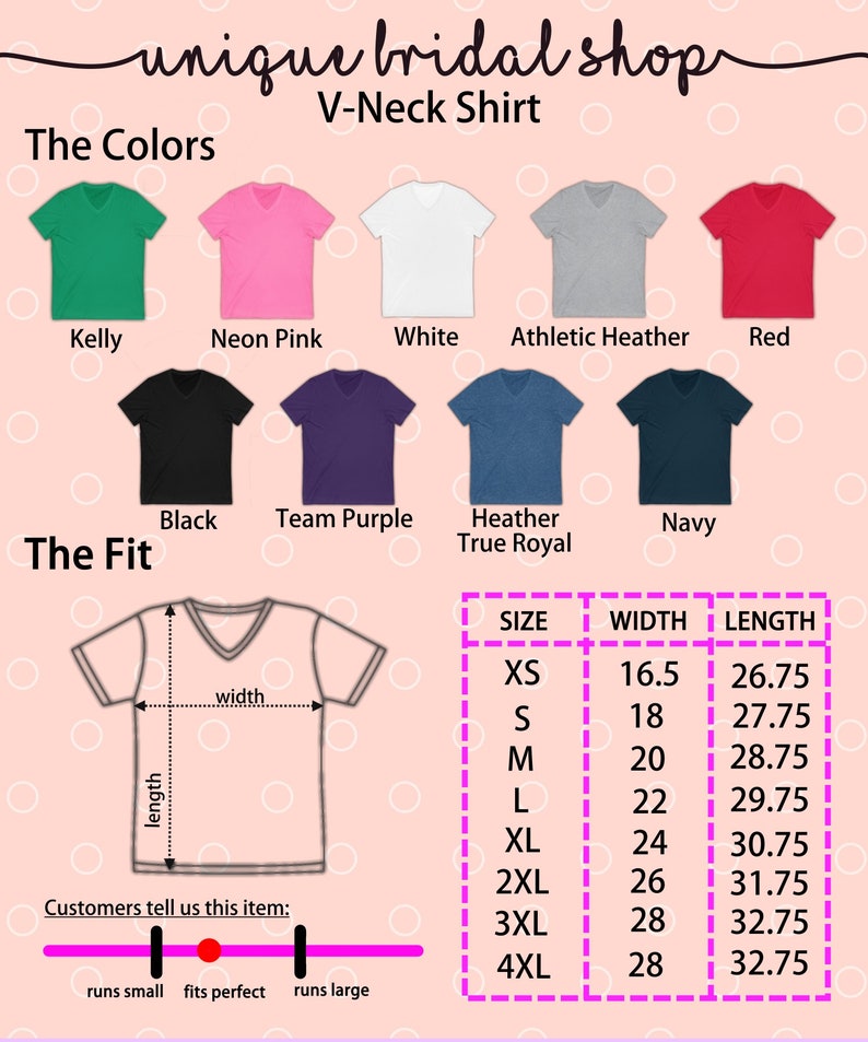 May include: A size chart for a V-neck t-shirt with measurements in inches. The chart shows the width and length of the shirt in different sizes, from XS to 4XL. The chart also includes a color guide with 10 different colors for the shirt.