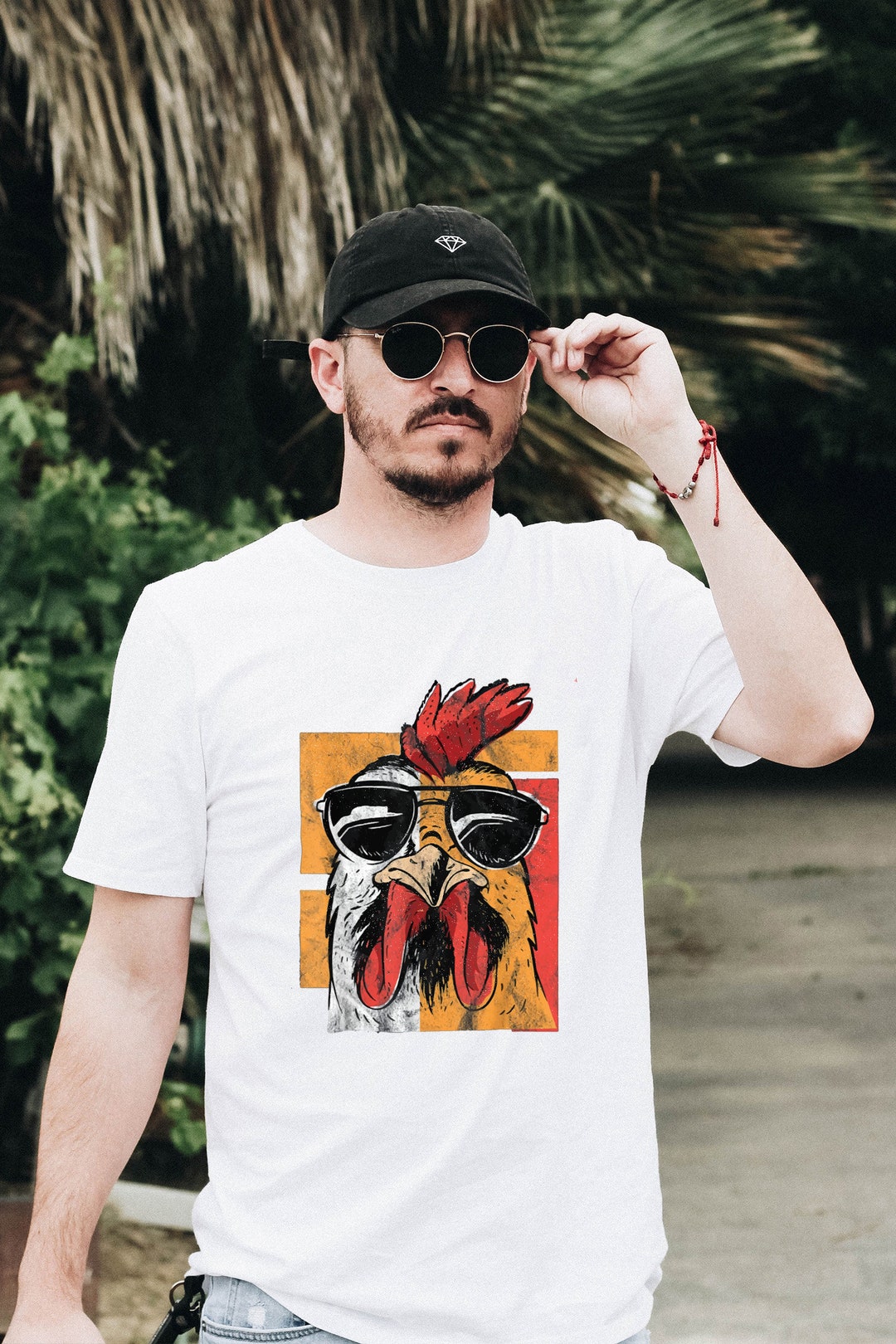Retro Rooster Sunglasses T-shirt: Funny Chicken Farmer Gift