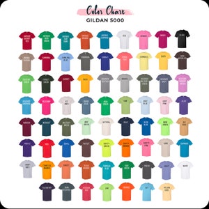 May include: Color chart for Gildan 5000 t-shirts, showing a variety of colors, including antique cherry red, antique Irish green, antique jade dome, antique orange, antique sapphire, ash, azalea, berry, black, brown, cardinal, Carolina blue, charcoal, cobalt, coral silk, corn silk, daisy, dark chocolate, electric green, forest green, garnet, gold, graphite heather, gravel, heather military green, heather navy, heather radiant orchid, heather sapphire, heliconia, ice grey, indigo blue, Irish green, kiwi, light blue, light pink, lilac, maroon, midnight, military green, mint green, natural, navy, neon blue, neon green, old gold, purple, red, royal, russet, safety green, safety orange, safety pink, sand, sapphire, sport grey, Tennessee orange, sunset, Texas orange, tropical blue, turf green, tweed, violet, white, blackberry, dark heather, heather red, lime, orange, sky, yellow haze.