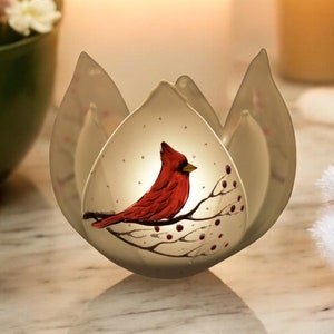 Cardinal Lotus Blossom Candle Holder  - Blown Glass Handcrafted In Ukraine - A Magnificent Gift That&#39;s A Great Addition To Any Home