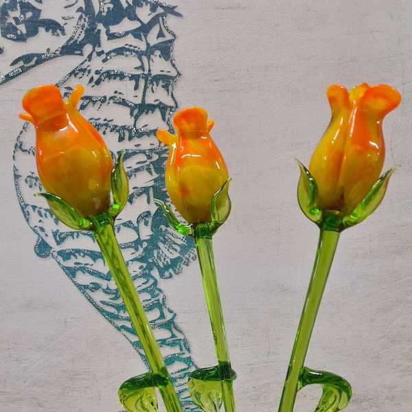 Rose en verre à longue tige - Jaune - Mélange d'orange jaunâtre - Nouveau style - Verre soufflé - Rose unique - Fabriqué à la main en Ukraine - Rose éternelle