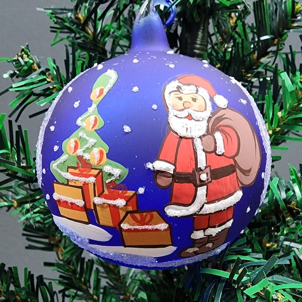 Santa Claus Blue Bauble Blown Glass Hand Painted in Ukraine Individually Box Keep Sake Ornament That's Sure to Delight