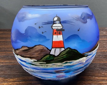 Light House Candle Holder - Hand Made In Ukraine - Light Blue - Sail Boat - Hand Painted - Blown Glass - Light House - Tealight Holder