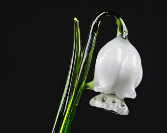 White Glass Bellflower, Handcrafted Lampworking Style Long Stem Bell, Handmade In Ukraine, Murano Quality Forever Flower, Great Lovers Gift