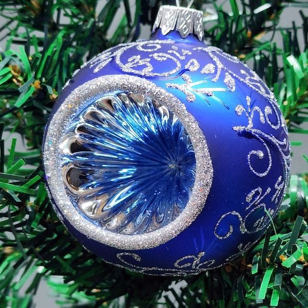 Blown Glass Ornament - Blue - Hand Made In Ukraine - Hand Painted - Refractor Ornament - Keepsake Ornament - Natural Glass - Blue & Silver