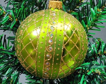 Green Blown Glass Ornament - Modern Design - Green & Gold Ornament - Hand Made In Ukraine - Hand Painted - Keepsake Ornament - Natural Glass