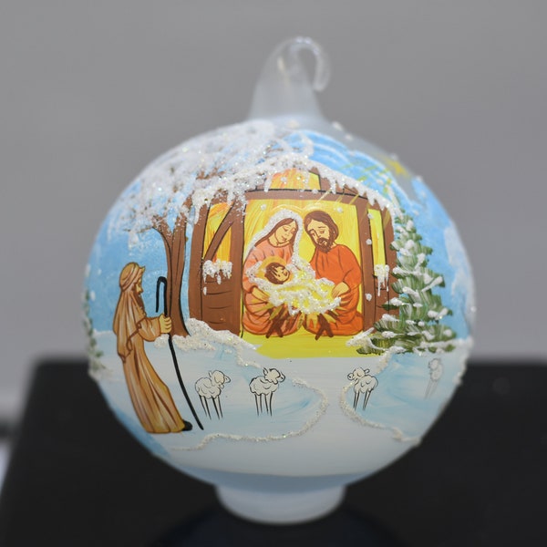 Blown Glass Ornament - Nativity - Hand Made In Ukraine - Keepsake Ornament - Frosted - Baby Jesus - Hand Painted - Glass Loop Finish