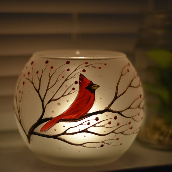 Cardinal Candle Holder  - Hand Made In Ukraine - Blown Glass - Hand Painted - Cardinal On Frosted Glass
