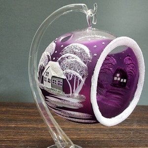 Winter Scene Terrarium Candle Holder  - Hand Made In Ukraine - Purple - White Cabbins - Hand Painted - Winter Wonderland - Terrarium