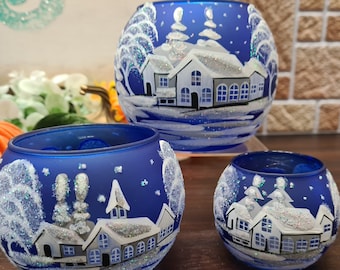 Blue Candle Holder - Blown Glass - Hand Made- Blue - White Cottages - Winter Scene - Hand Painted - Winter Wonderland